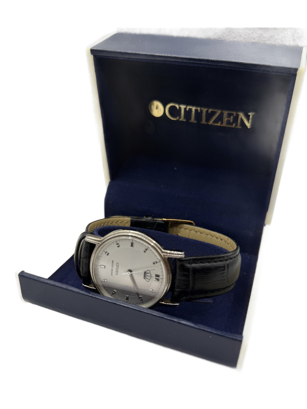 Citizen Water Resist Men's Quartz Watch Silver Dial Black Leather Band in Box